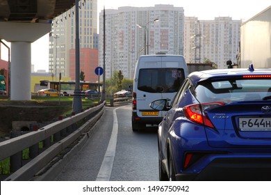 Moscow 03/09/2019  Stuck In Traffic Jam, Driver First Person View, Modern Road System, Row Of Cars, Back Lights, Air Polution Problem In Metropolis.