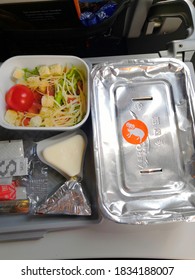 MOSCOW - 06, 2019: food on the plane on an Aeroflot flight pork with rice during flight, Aeroflot is largest airline in Russia