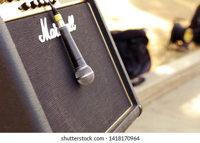 Moscow 06/06/2019 Street Musicians Using Old School Musical Equipment Outdoors. Close Up Of Marshall Kilburn And SURE Microphone