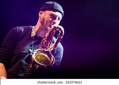 MOSCOW - 1 MARCH, 2015 : De Phazz Band Performing Live Music Show At Yotaspace Nightclub.Saxophone Player Playing Music Live On Sctage.Saxaphone Player Play.Professional Musical Instrument.Sax Player