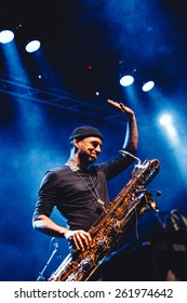 MOSCOW - 1 MARCH, 2015 : De Phazz Band Performing Live Music Show At Yotaspace Nightclub.Saxophone Player Playing Music Live On Stage.Saxaphone Player Play.Professional Musical Instrument.Sax Player