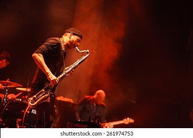 MOSCOW - 1 MARCH, 2015 : De Phazz Band Performing Live Music Show At Yotaspace Nightclub.Saxophone Player Playing Music Live On Sctage.Saxaphone Player Play.Professional Musical Instrument.Sax Player