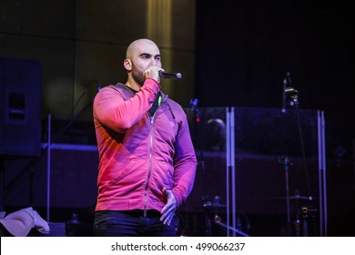 MOSCOW - 14 OCTOBER,2016: Big concert of Russian rap singer Kravz on nightclub Moskva stage.Famous beatboxer Vahtang doing the beatbox show session
