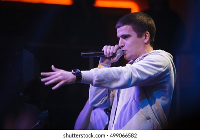 MOSCOW - 14 OCTOBER,2016: Big Concert Of Russian Rap Singer Kravz On Nightclub Moskva Stage.Feduk MC Rapping On Warm Up Show