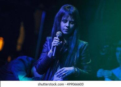 MOSCOW - 14 OCTOBER,2016: Big Concert Of Russian Rap Singer Kravz On Nightclub Moskva Stage.Singer Aya Mala Singing On Warm Up Before Main Show On Scene