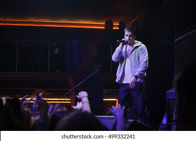 MOSCOW - 14 OCTOBER,2016: Big Concert Of Russian Rap Singer Kravz On Nightclub Moskva Stage.Feduk MC Rapping On Warm Up Show