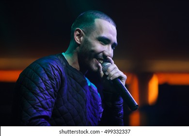 MOSCOW - 14 OCTOBER,2016: Big Concert Of Russian Rap Singer Kravz On Nightclub Moskva Stage.Slavon MC Rapping On Warm Up Show