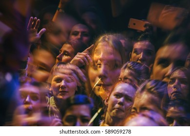 MOSCOW - 14 OCTOBER,2016: People Party In Nightclub.Night Club Audience Rave To The Music.Adult Night Life Entertainment Show,crowded Dancefloor Have Fun On Concert.Double Exposure Big Party Poster