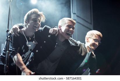 MOSCOW - 16 FEBRUARY,2015: Vougal Band On Stage On Big Concert In Nightclub.Happy Musicians Bow To The Audience At The Show Final