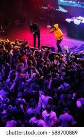 MOSCOW- 16 FEBRUARY,2017: Famous Canadian Rapper Jazz Cartier Performing In Crowded Nightclub.Rap Singer On Stage In Front Of Concert Audience In Night Club