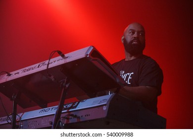 MOSCOW - 18 DECEMBER,2016: Famous Rapper The Game Big Concert In Night Club.Big Black Guy Play Keyboard Music On Stage. Musician At Work