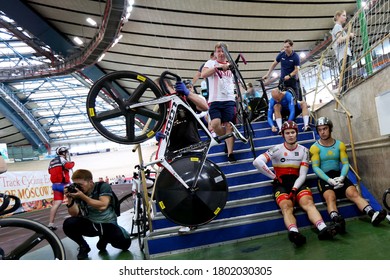 MOSCOW - 2019, June 01: Cycling Track Race At UCI Grand Prix Moscow  On June 01-03, 2019 In Krylatskoe Velodrome, Moscow, Russia. Group Of Cyclists And Coaches Waiting For Start Track Point Race 