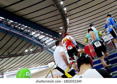 MOSCOW - 2019, June 01: Cycling Track Race At UCI Grand Prix Moscow  On June 01-03, 2019 In Krylatskoe Velodrome, Moscow, Russia. Group Of Cyclists Going Upstairs For The Start Track Point Race 