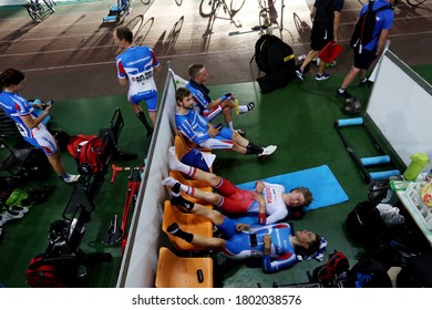 MOSCOW - 2019, June 01: Cycling Track Race At UCI Grand Prix Moscow  On June 01-03, 2019 In Krylatskoe Velodrome, Moscow, Russia. Group Of Cyclists Talk And Relaxing After Track Race 