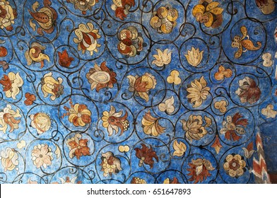 Moscow, 26/04/2017: flower ornament (18th century) on the ceiling of Saint Basil's Cathedral, the world famous orthodox church in the Red Square, now a museum where it’s allowed to take pictures