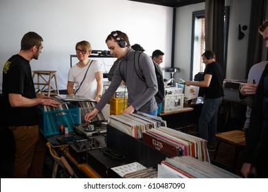 MOSCOW -6 MARCH,2017: Vinyl Record Sale.Vinyl Collector Sell Rare Analog Music Records.Audio Enthusiast Selling Vinyl Records.Vintage Turntable Records In Dj Shop.Dj Store Selling Records With Music