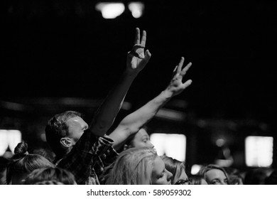 MOSCOW - 6 OCTOBER,2016 : People Party In Nightclub.Night Club Audience Rave To The Music.Adult Night Life Entertainment Show,crowded Dancefloor Have Fun On Concert.Double Exposure Big Party Poster