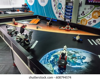 Moscow, 7 March 2017: modern robots competition in Moscow VEX Robotics Competition. Contemporary robots on the table design decoration Robotics competition. Robot competition Technology table