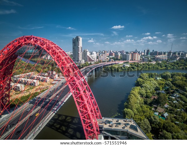 Moscow aerial view, Russia. Panorama of\
Zhivopisny bridge above Moskva River. Moscow skyline in summer.\
Scenery of modern architecture of Moscow city and blue sky. Urban\
landscape of Moscow\
northwest