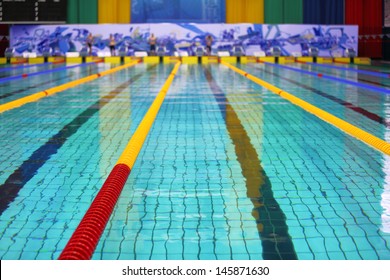 MOSCOW - APR 22: Olympic Sports complex, on April 22, 2012 in Moscow, Russia. An indoor swimming pool with many lanes  before competitions on swimming