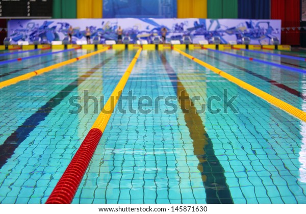 MOSCOW - APR 22: Olympic Sports\
complex, on April 22, 2012 in Moscow, Russia. An indoor swimming\
pool with many lanes  before competitions on\
swimming