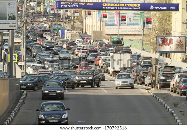 MOSCOW -\
APR 29: Cars stands in traffic jam on the city center, April 29,\
2011, Moscow Russia. In Moscow continues rapid growth cars park,\
now more than 380 cars per 1,000\
inhabitants.
