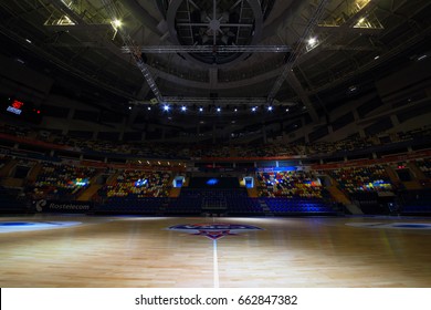 MOSCOW - APR 7, 2017: Empty basketball court in Megasport stadium, construction of the stadium was completed in 2006, number of seats is 14 thousand