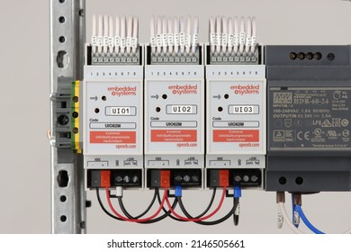 Moscow- April 16, 2022:A Signal Input And Output Device For Connecting Leak Sensors In An Electrical Panel.