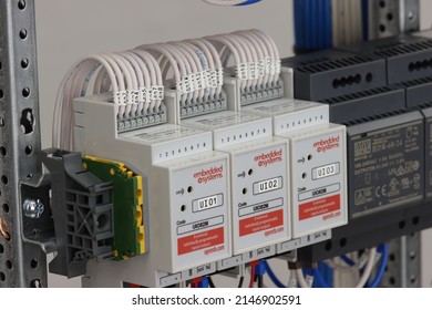 Moscow- April 16, 2022:A Signal Input And Output Device For Connecting Leak Sensors In An Electrical Panel.