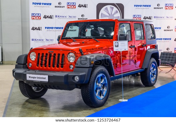 MOSCOW - AUG 2016: Jeep Wrangler JK presented at\
MIAS Moscow International Automobile Salon on August 20, 2016 in\
Moscow, Russia.