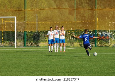 MOSCOW - AUGUST 18: Kemryugova Snejana (6), Strike The Penalty On Game Kubanochka Vs CSP Izmailovo On Russian Tournament Of Women Football League On August 18, 2013, In Moscow, Russia