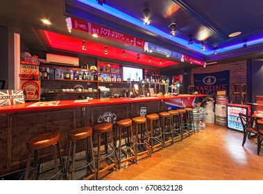 MOSCOW - AUGUST 2014: The Interior Is Traditional British Pub 