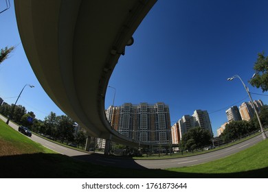 Moscow city in the afternoon rublevskoe highway, overpass bridge, photo on an ultra-wide-angle lens