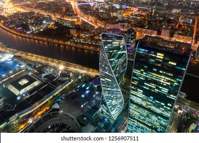 Moscow City Business District Night View From Observation Deck