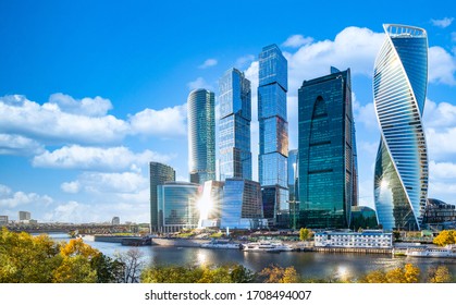Moscow City district and Moscow river, Moscow City modern architecture skyline and skycraper Moscow International Business Centre at day time blue sky background with Moskva river.