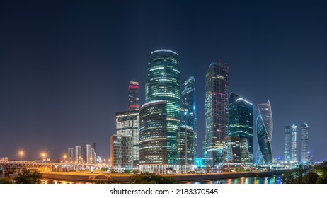 Moscow City At Night. Modern Skyscrapers In Moscow-city Downtown, Federation Tower, Mercury Tower Etc. Moscow, Russia - Urban Background