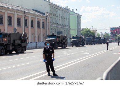 Moscow city / Russian Federation — 06/24/2020: Military parade in Moscow dedicated to the 75th anniversary of the victory over fascism during the coronavirus pandemic. Mokhovaya street.