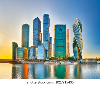 Moscow City Skyline . Moscow International Business Centre At Day Time With Moskva River In Foreground 