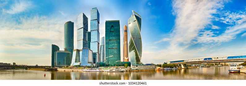 Moscow City Skyline . Moscow International Business Centre At Day Time With Moskva River In Foreground . High Resolution Panorama