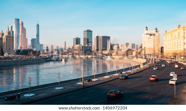 Moscow\
city streets and city skyline. Moscow river\
view