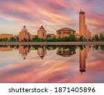 Moscow city sunset panorama. Moscow International House of Music. Reflection in the water of the Moscow river. 