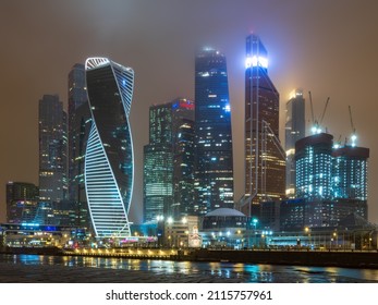 Moscow City At Winter Night. Modern Skyscrapers In Moscow-city Downtown, Federation Tower, Mercury Tower Etc. Moscow, Russia - Urban Background