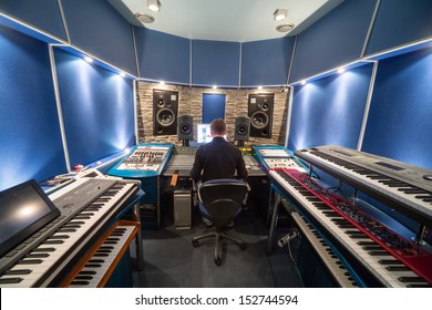 MOSCOW - DEC 25: Man In Control Room With Music Equipment In Recording Studio Nautilus On December 25, 2012 In Moscow, Russia.