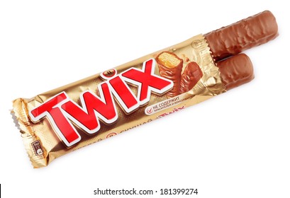 MOSCOW - DECEMBER 18, 2012: Closeup Of Unwrapped Twix Candy Chocolate Bar Made By Mars Inc.