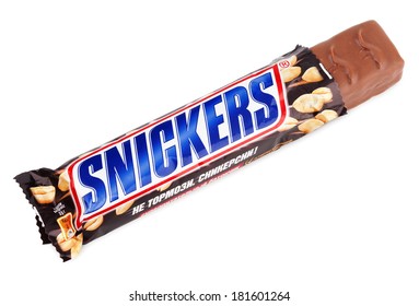 MOSCOW - DECEMBER 18, 2012: Closeup Of Unwrapped Snickers Candy Chocolate Bar Made By Mars Inc.