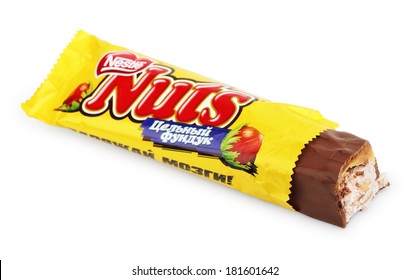 MOSCOW - DECEMBER 18, 2012: Closeup Of Unwrapped Nuts Candy Chocolate Bar Made By Nestle