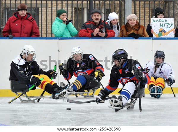 MOSCOW - FEBRUARY 14: Sledge hockey players\
taking part in promotional game during \
