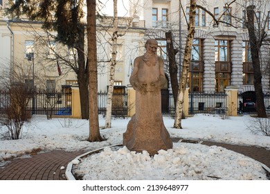 Moscow - February 25, 2022. Monument to Leo Tolstoy on Prechistenka in the center of Moscow. Sunny winter view.