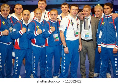 MOSCOW - JAN 13: Dinamo Moscow Boxing Team After Boxing Match WSB Against Thai Bangkok Elephants At Sports Palace Krylatskoye - Basket-Hall, Jan 13, 2012, Moscow, Russia.