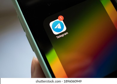 MOSCOW - JAN 17, 2021: IPhone 12 Mini With Telegram App On Screen